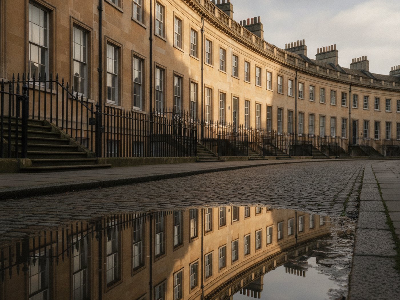 A curved Georgian terrace of Bath limestone reflected in a wet cobbled street