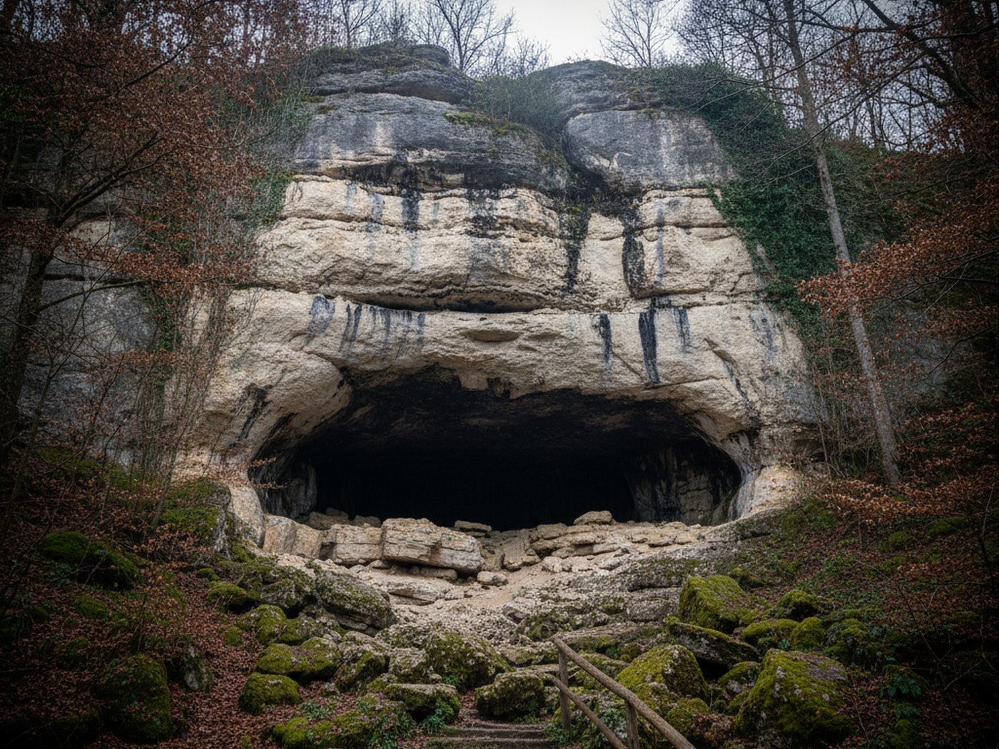 A wide cave mouth at the base of a limestone cliff in a wooded winter valley