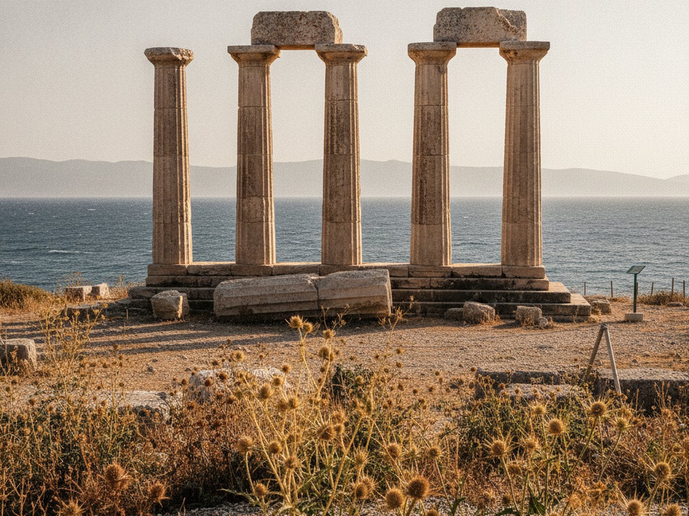 A ruined Doric temple of pale limestone on a headland above the Gulf