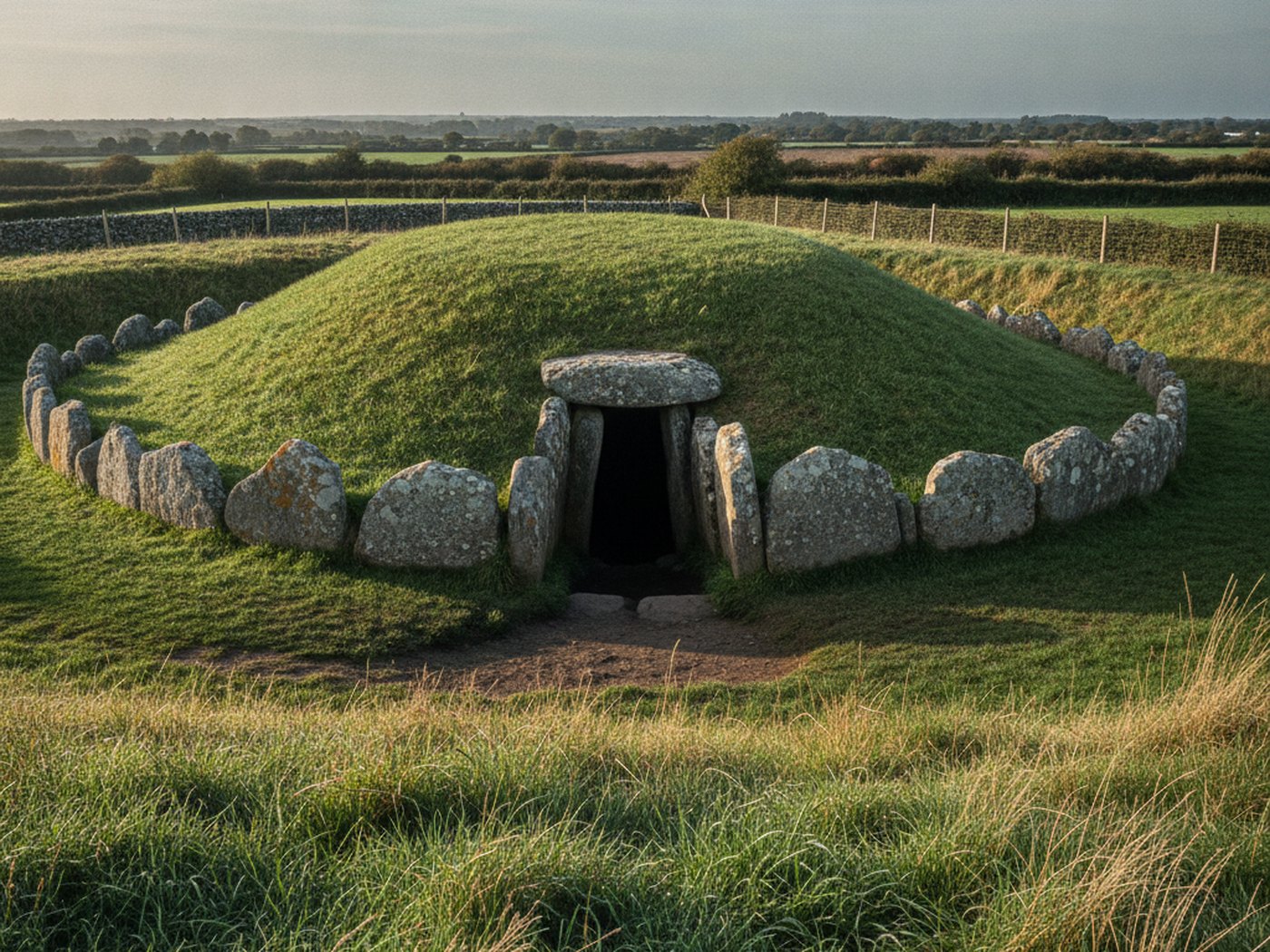 A Neolithic passage tomb ringed by kerbstones in an Irish field under low autumn light
